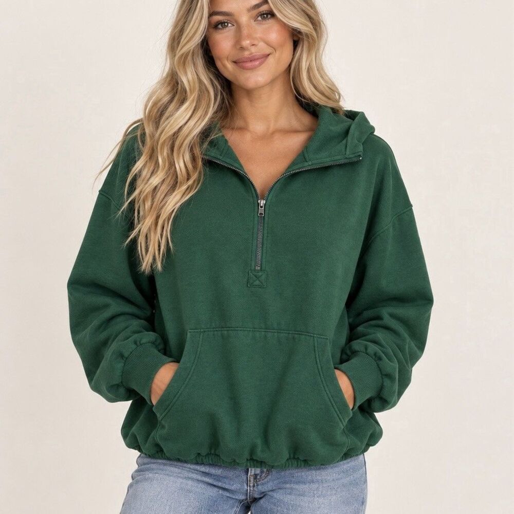 BIBI Women’s Green Hooded Half Zip Sweatshirt Pullover Kangaroo Pocket M